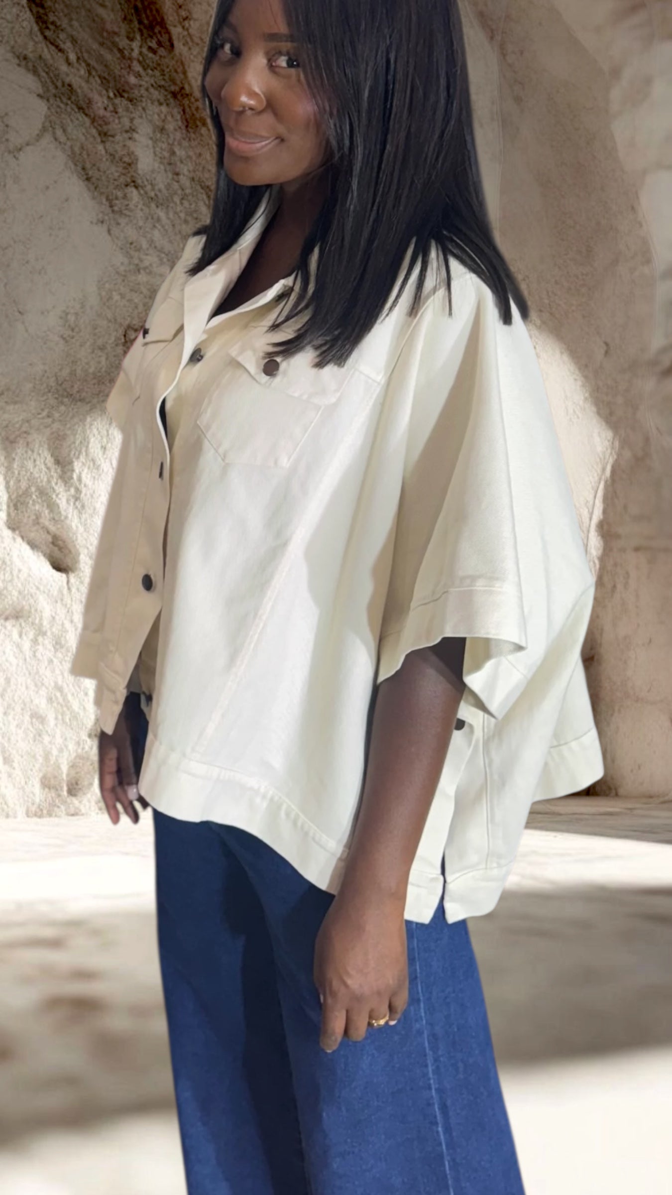 VESTE DENIM BEIGE CHAUVE SOURIS