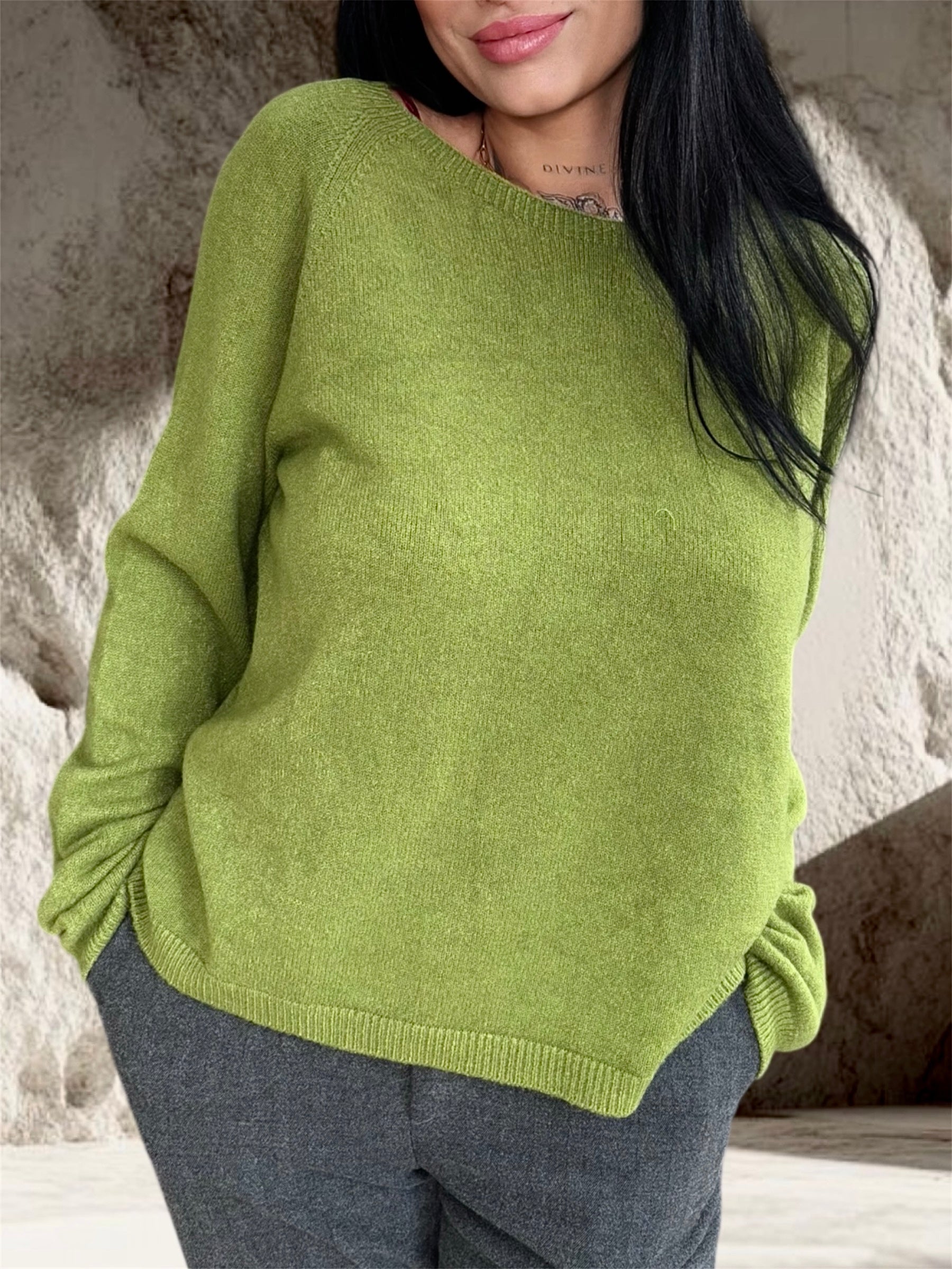 PULL MOHAIR MANCHES LONGUES LISSE VERT