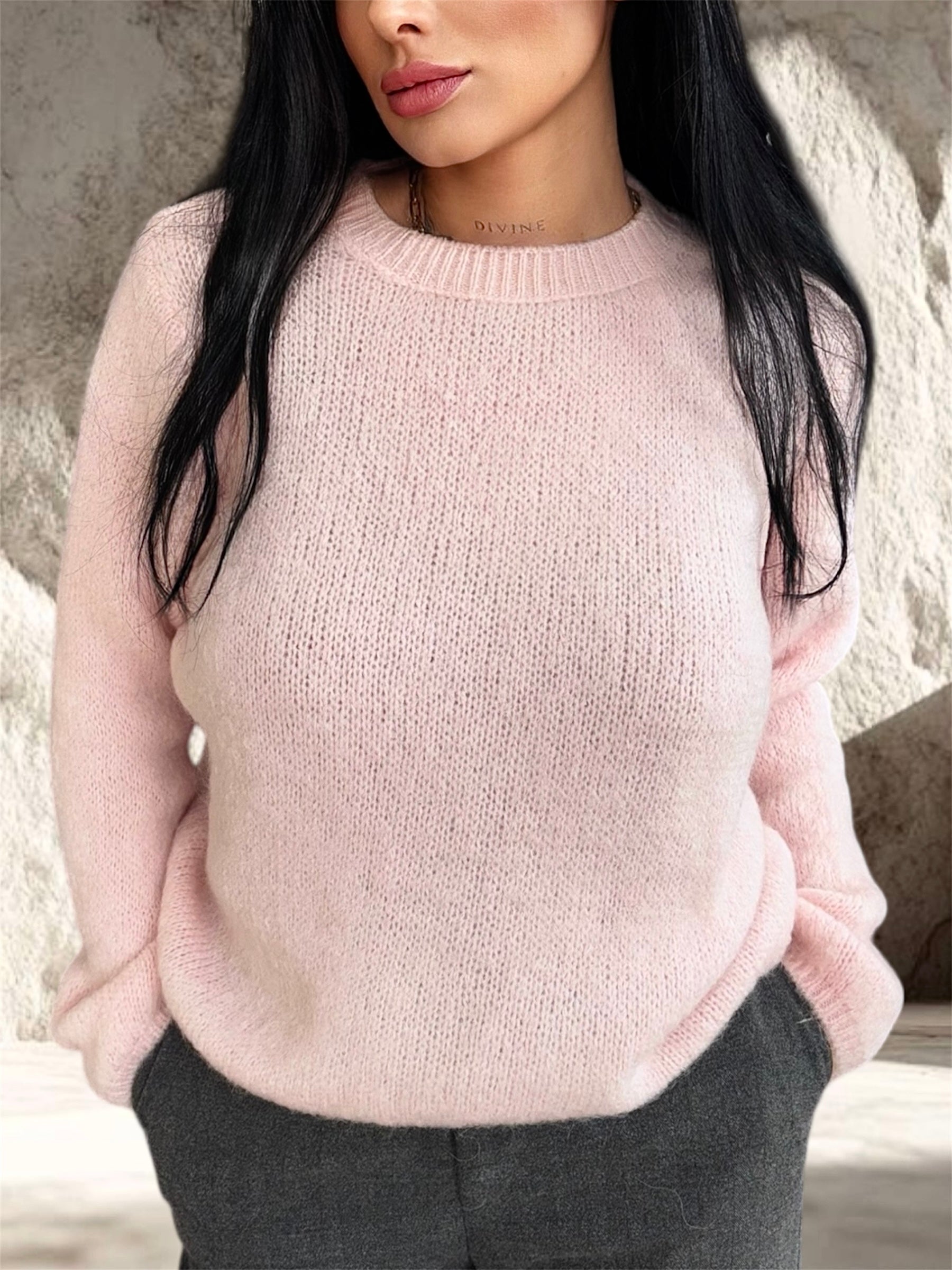 PULL MOHAIR MANCHE LONGUE ROSE PASTEL