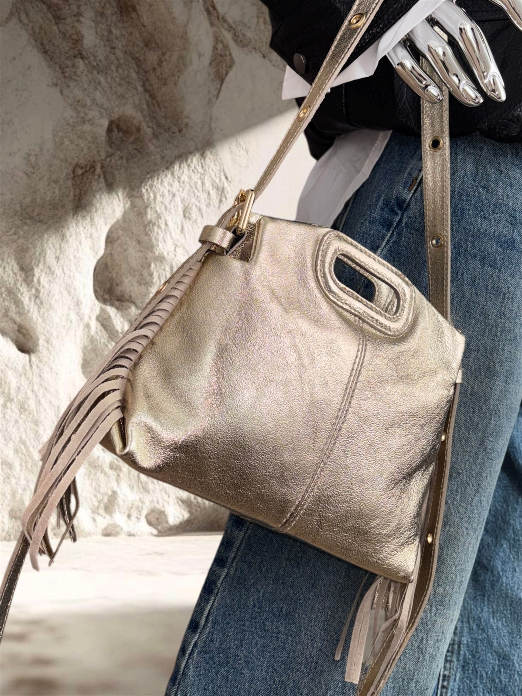 SAC FRANGES CUIR OR