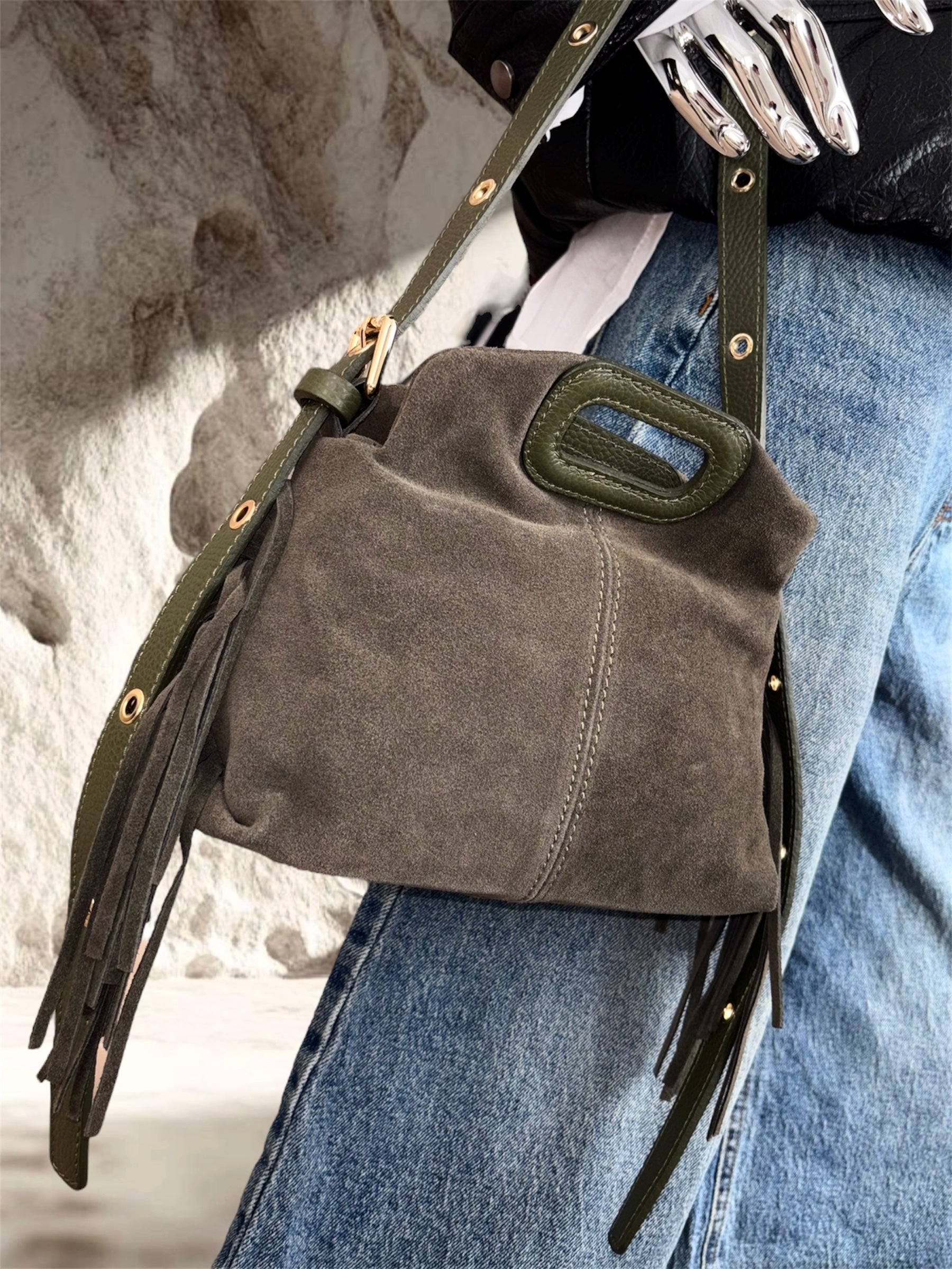 SAC FRANGES CUIR KAKI