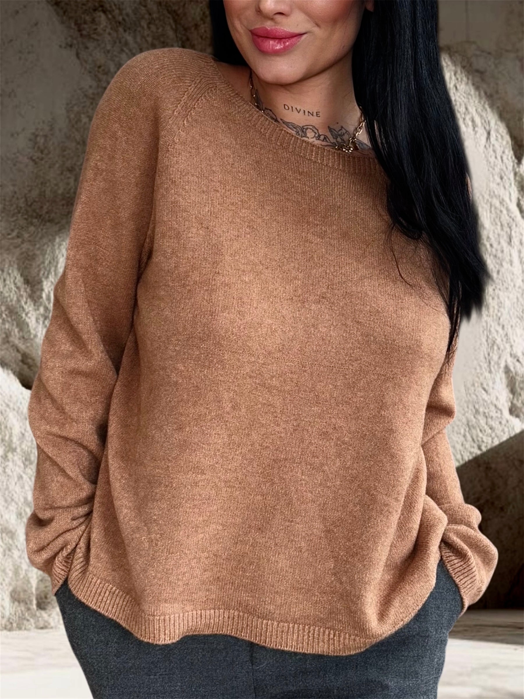 PULL MOHAIR MANCHES LONGUES LISSE CAMEL
