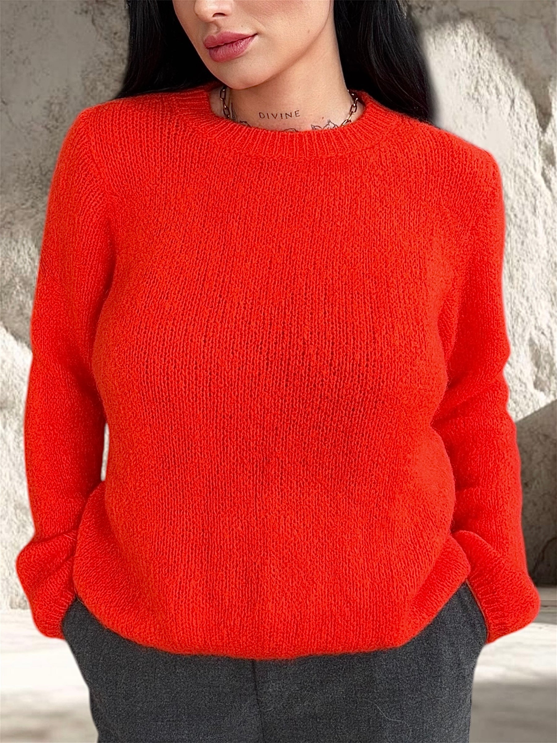 PULL MOHAIR MANCHE LONGUE ORANGE VIF