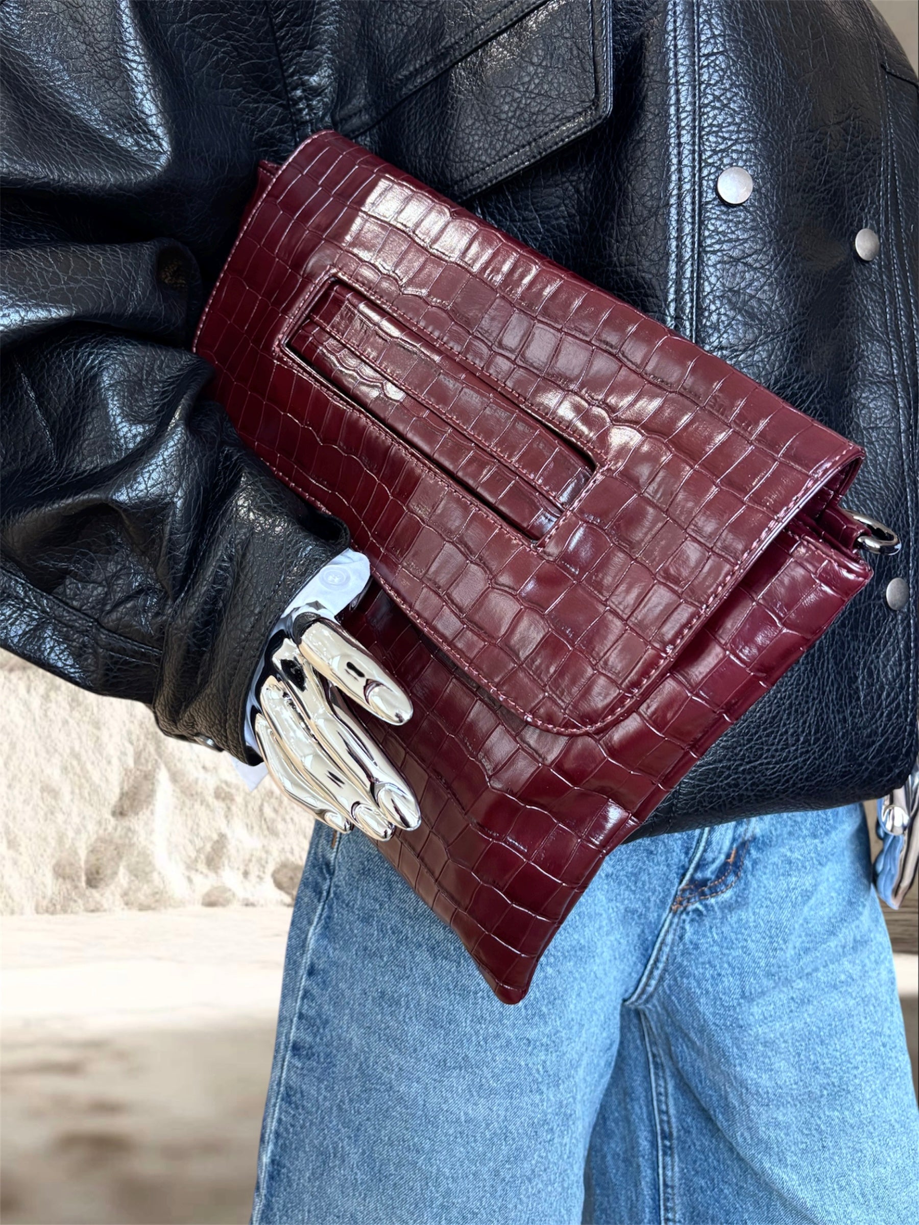 POCHETTE CROCO BORDEAUX