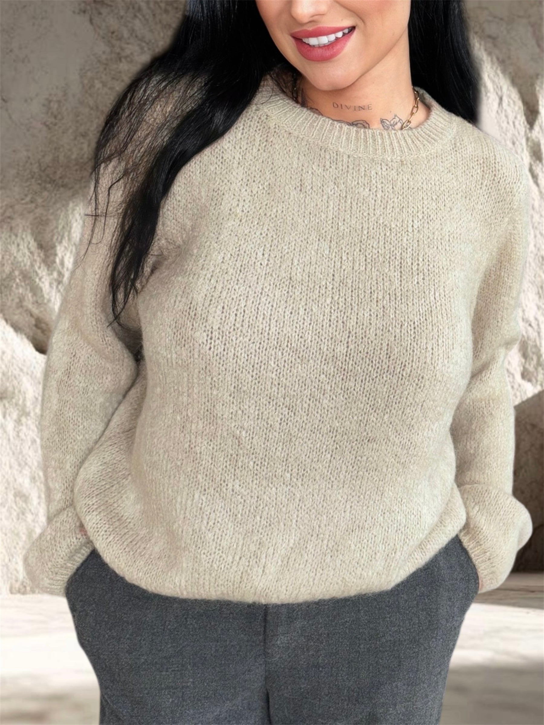 PULL MOHAIR MANCHES LONGUES BEIGE