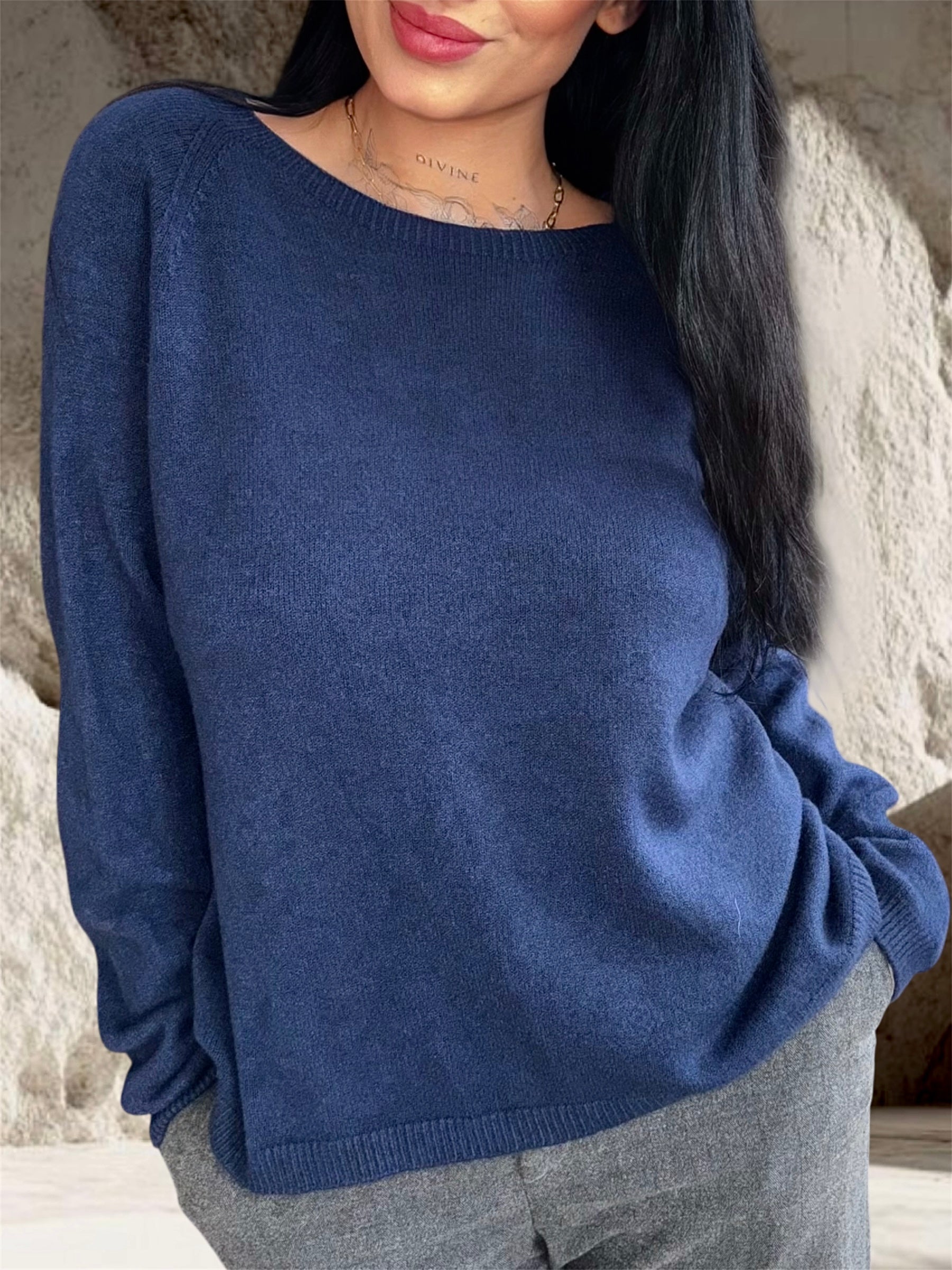 PULL MOHAIR MANCHES LONGUES LISSE MARINE